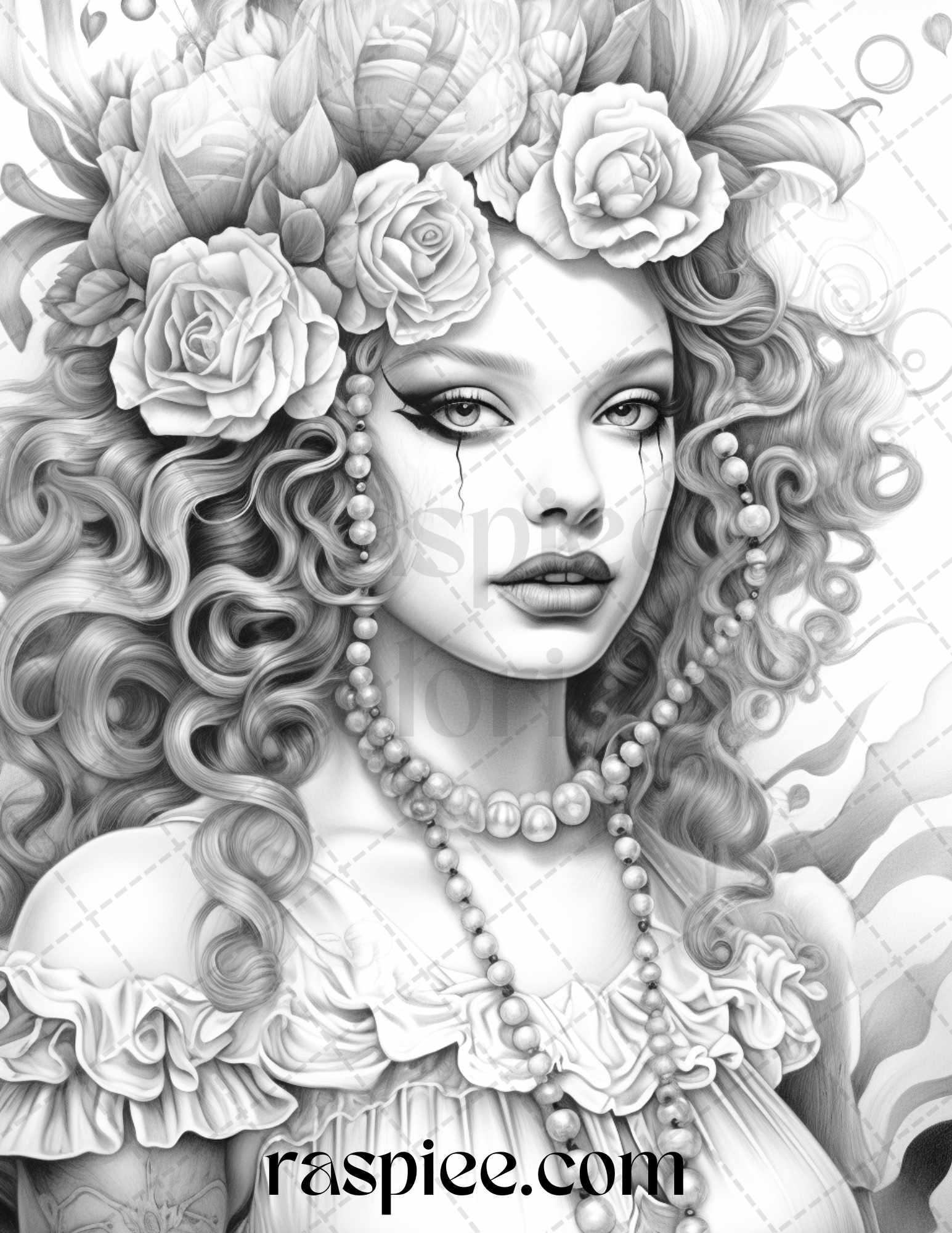 42 Beautiful Clown Girls Grayscale Coloring Pages Printable for Adults, PDF File Instant Download