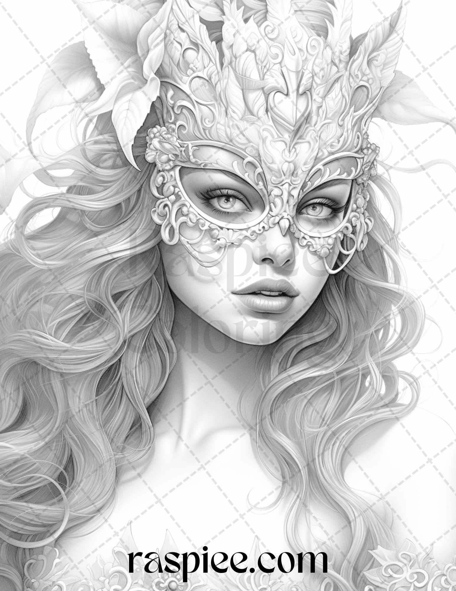 40 Masquerade Girls Grayscale Coloring Pages Printable for Adults, PDF File Instant Download