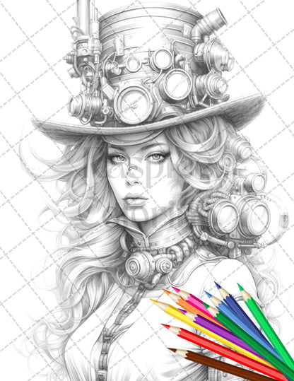 40 Steampunk Ladies Grayscale Coloring Pages Printable for Adults, PDF File Instant Download