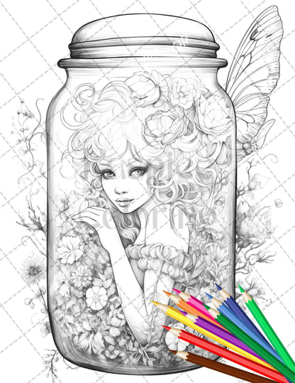 40 Beautiful Fairies in Jar Grayscale Coloring Pages Printable for Adults, PDF File Instant Download