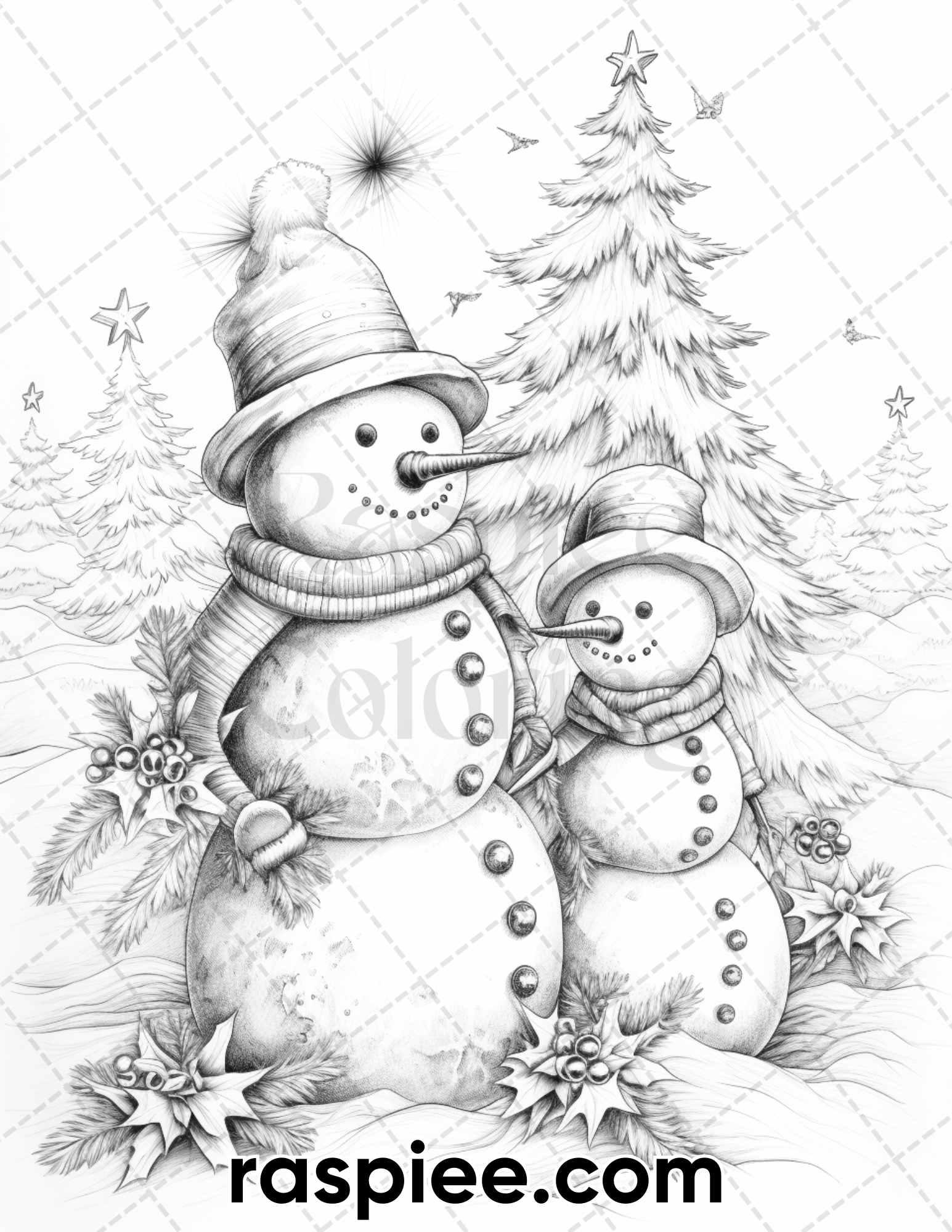 40 Chistmas Snowman Grayscale Coloring Pages for Adults, Printable PDF Instant Download