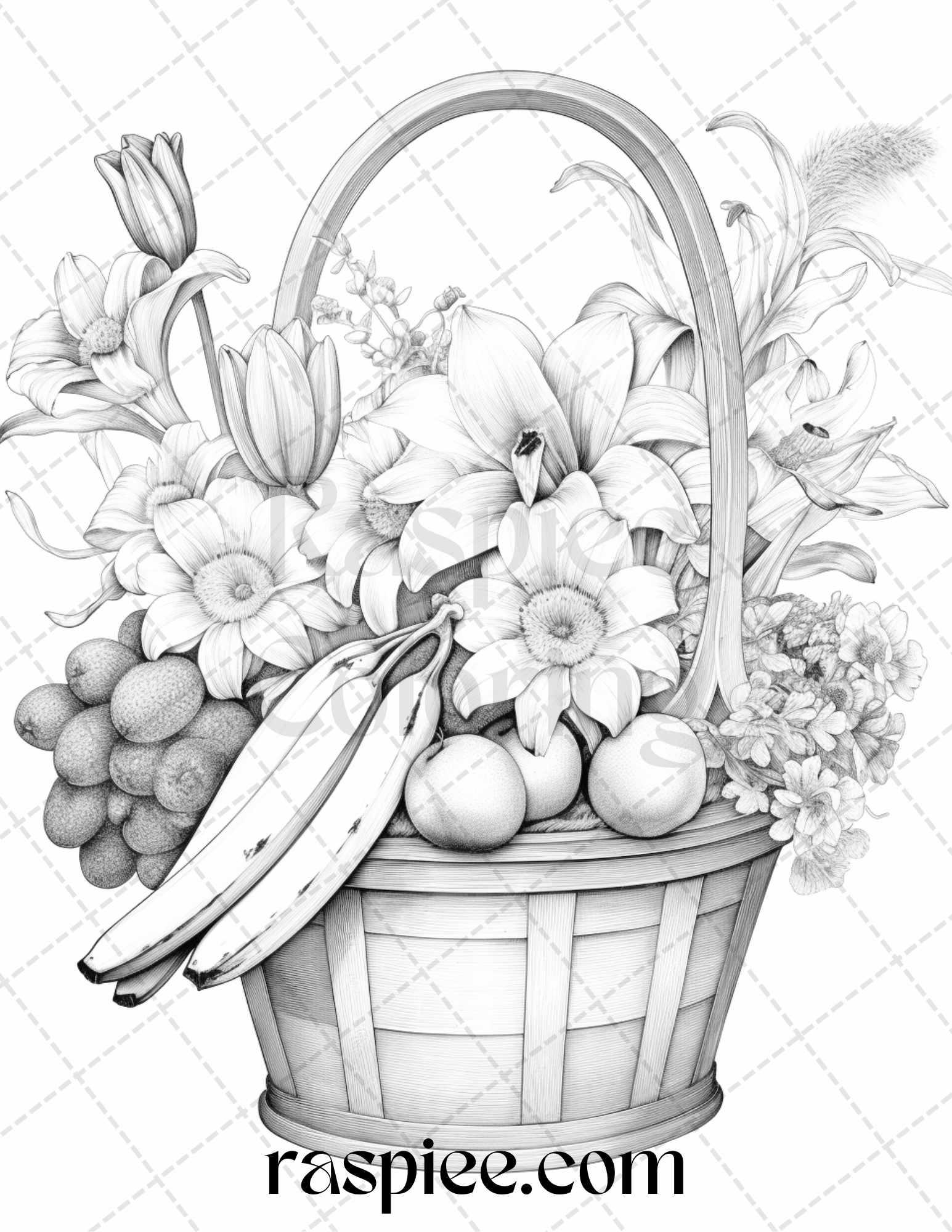 40 Fruit Basket Grayscale Coloring Pages Printable for Adults, PDF File Instant Download