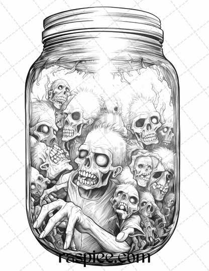 40 Halloween in Jar Grayscale Coloring Pages for Adults, Printable PDF File Instant Download