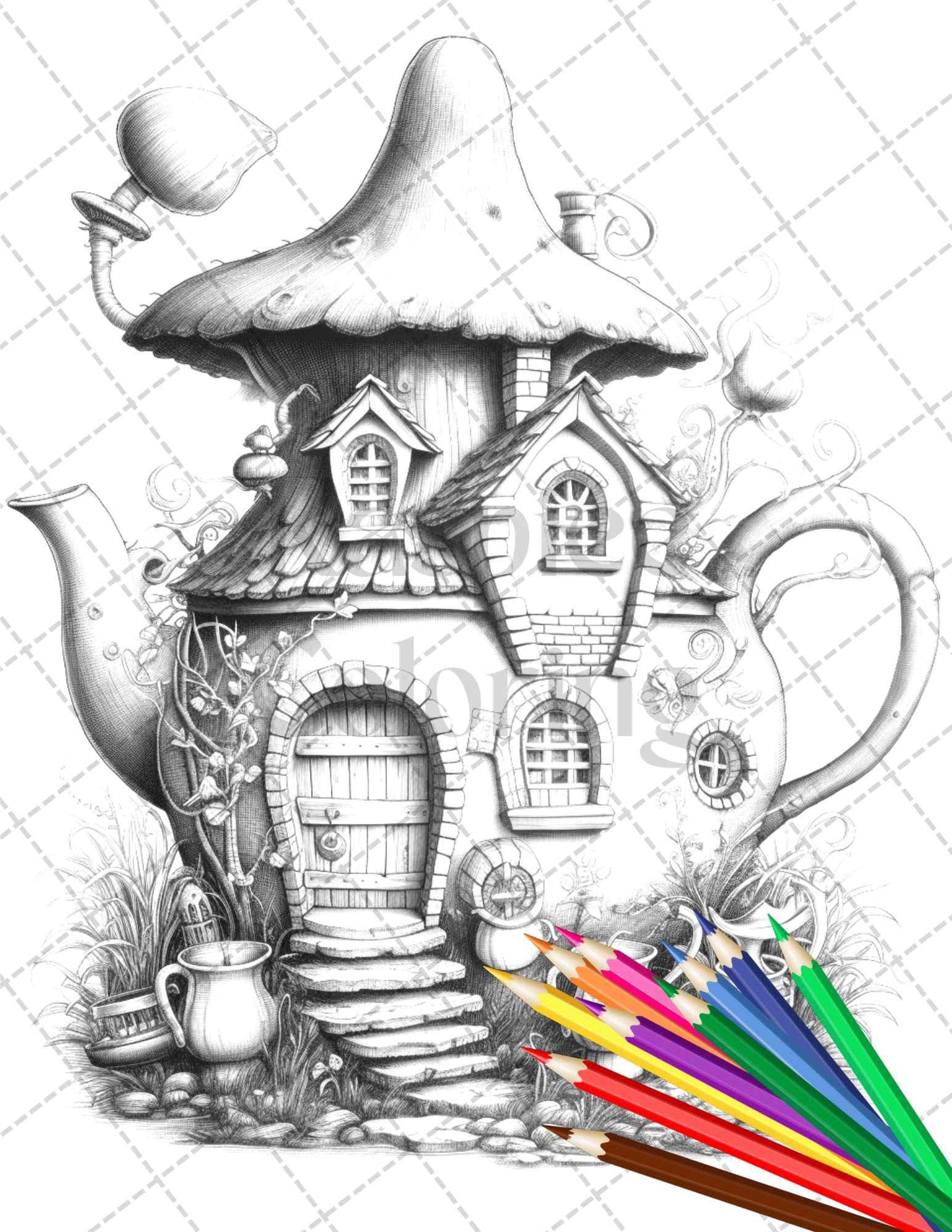 40 Teapot Fairy Houses Grayscale Coloring Pages Printable for Adults, PDF File Instant Download