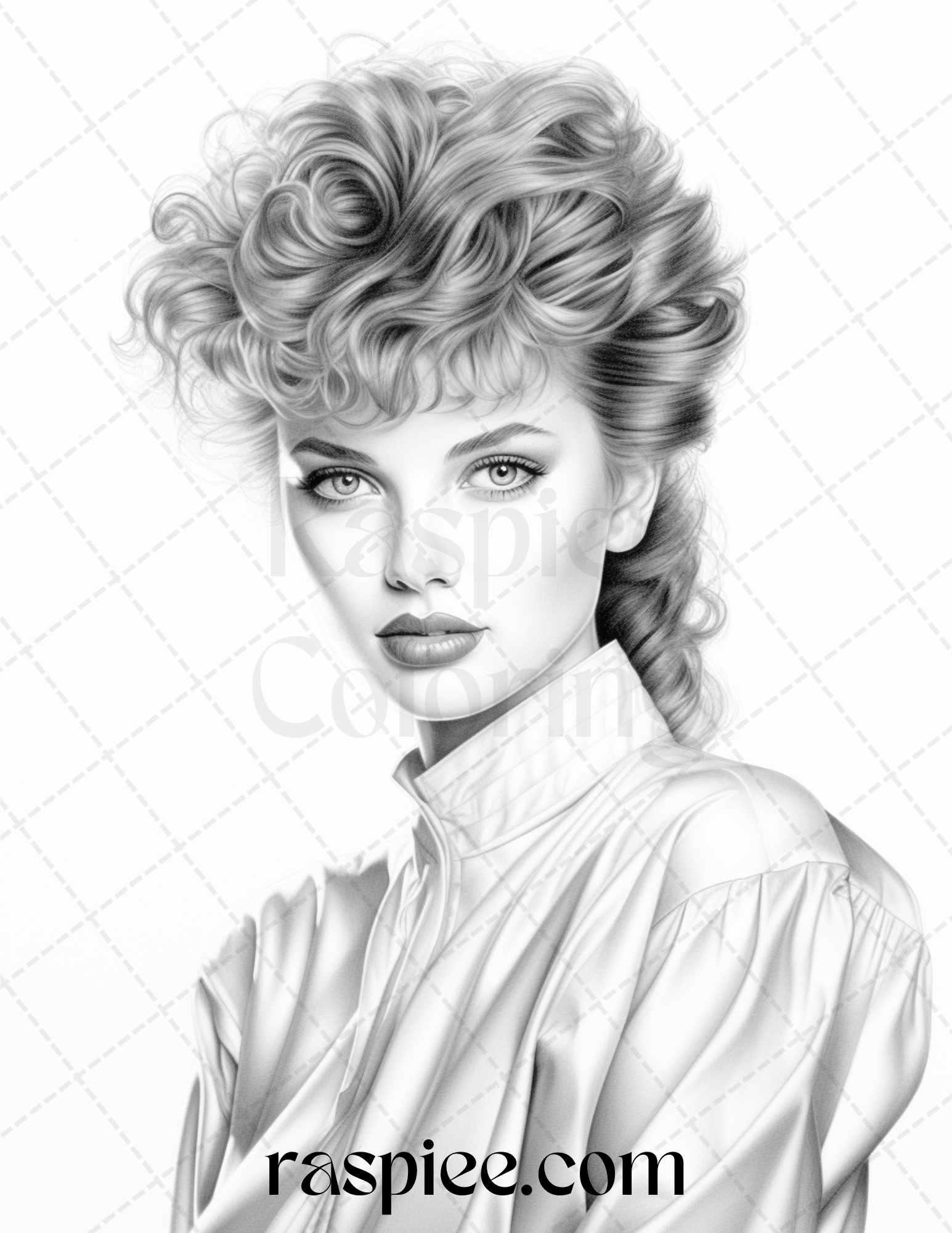 1980s Retro Beautiful Women Grayscale Coloring Pages for Adults, PDF File Instant Download