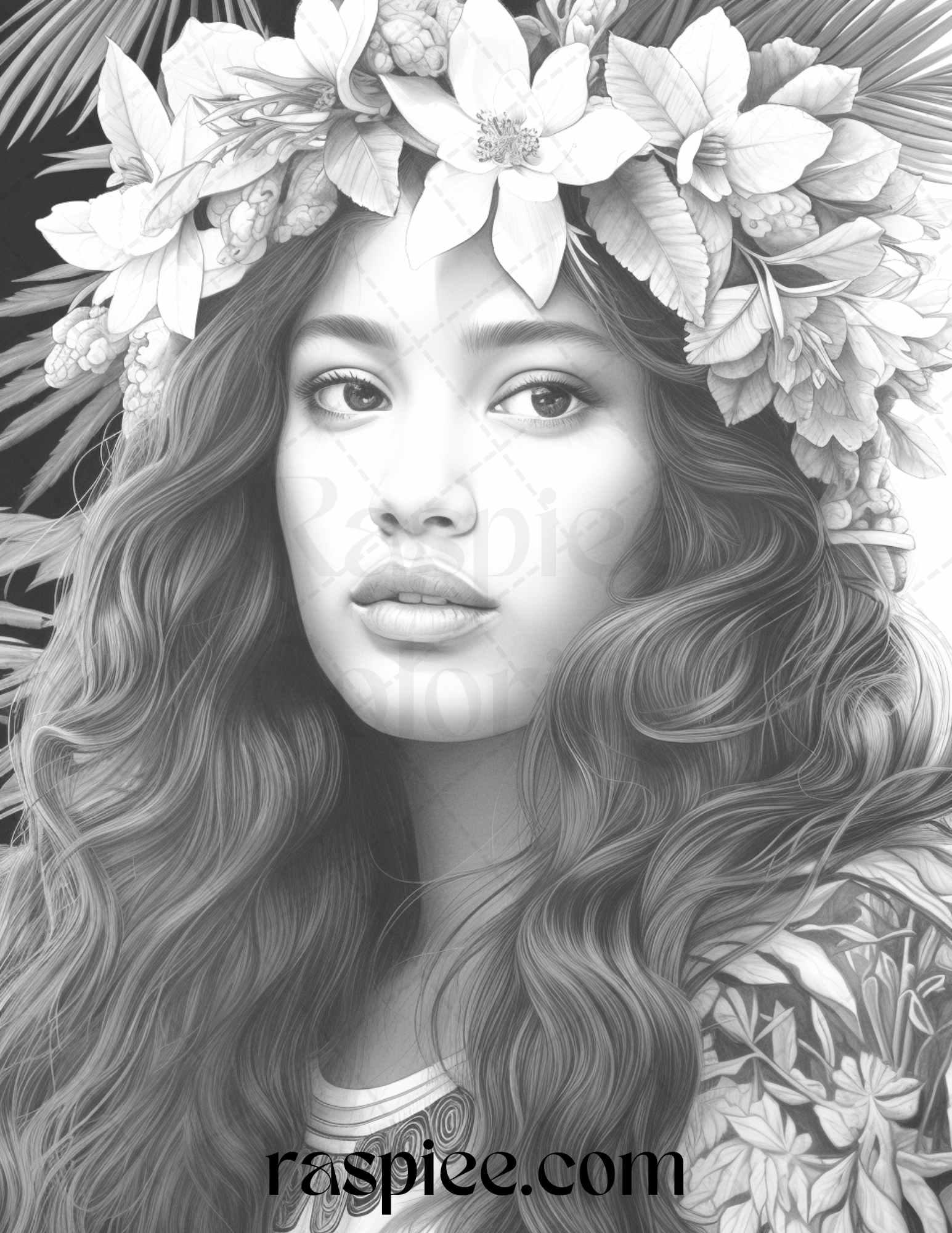 40 Hawaiian Girls Grayscale Coloring Pages Printable for Adults, PDF File Instant Download