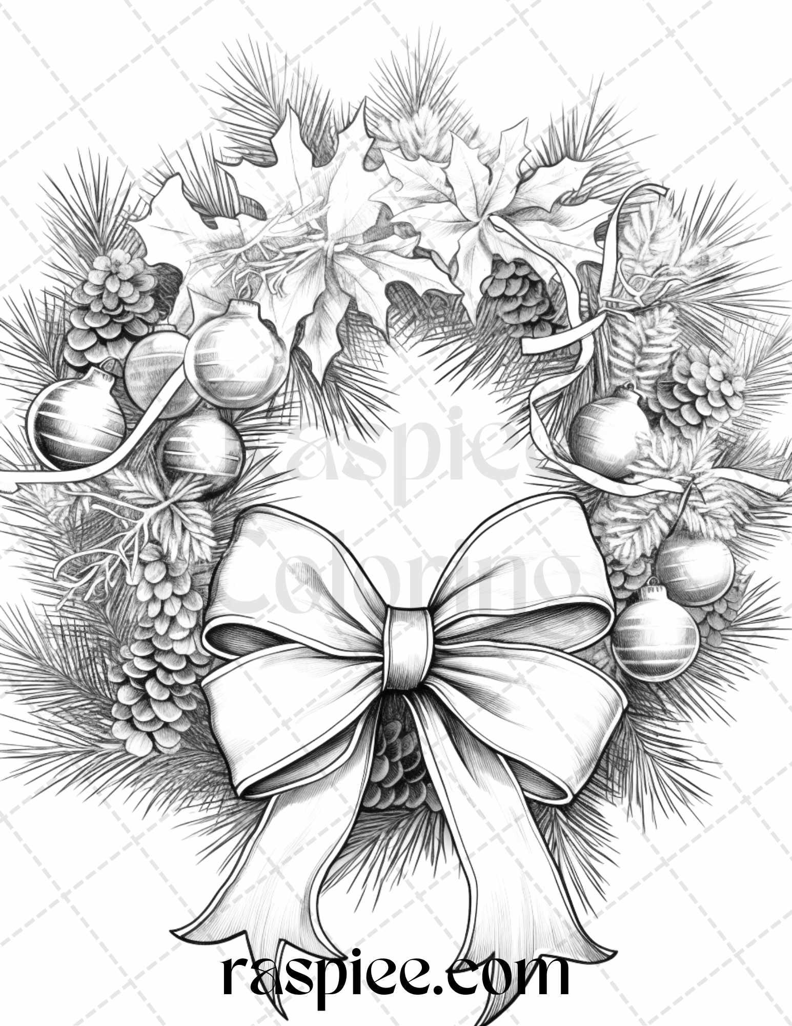 40 Christmas Wreath Grayscale Coloring Pages Printable for Adults, PDF File Instant Download