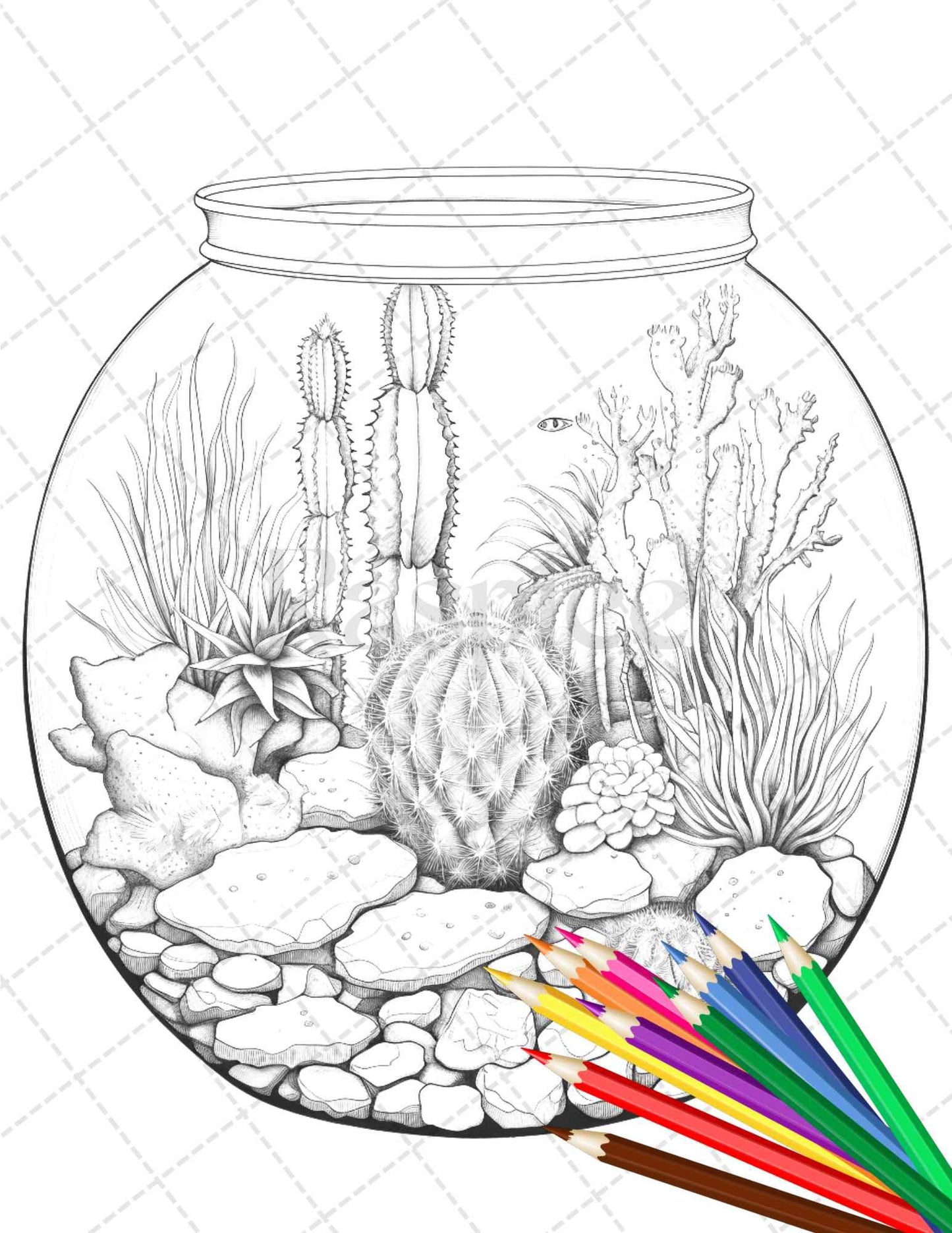 34 Enchanted Terrarium Grayscale Coloring Pages Printable for Adults, PDF File Instant Download