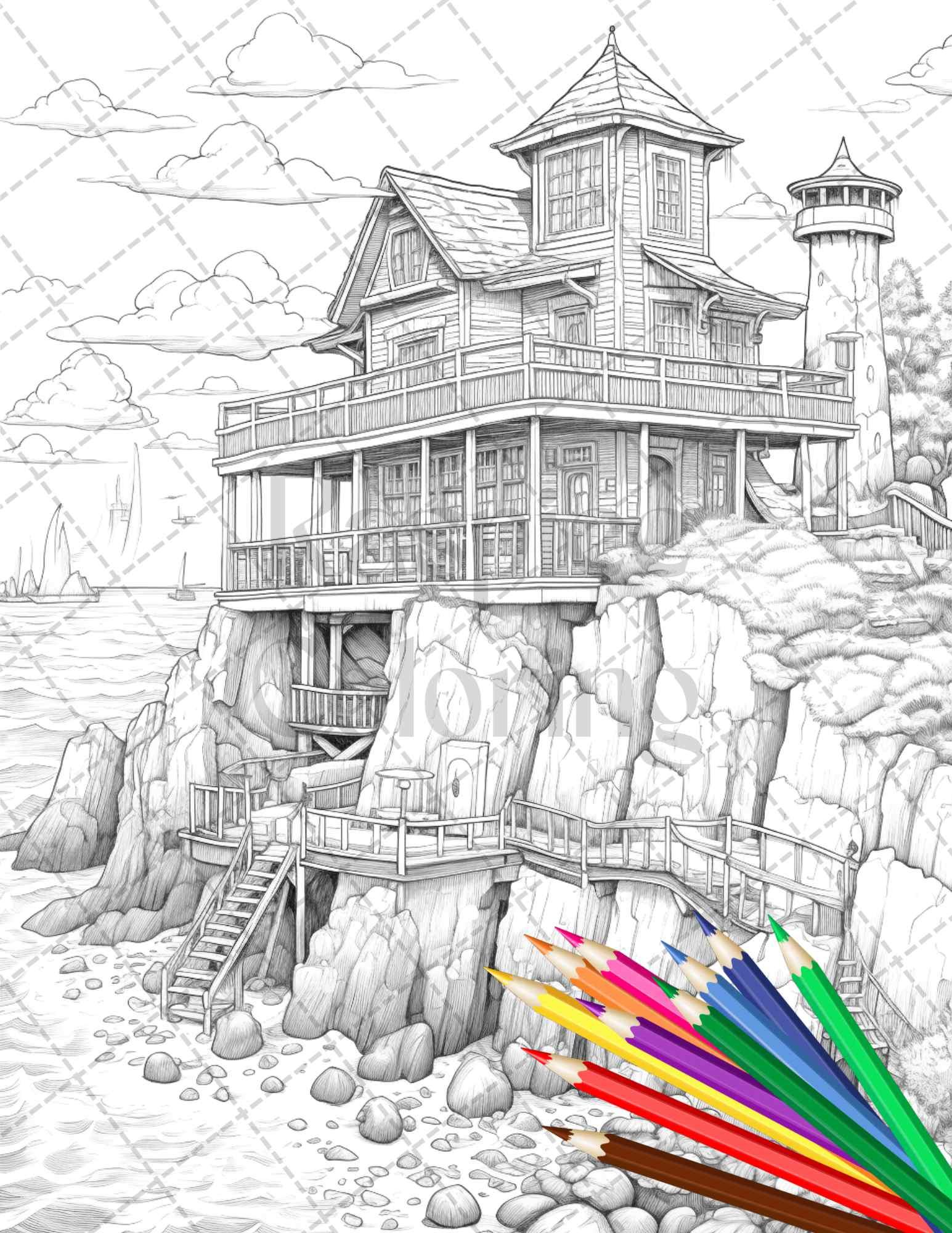 42 Wooden Beach Houses Grayscale Coloring Pages Printable for Adults, PDF File Instant Download