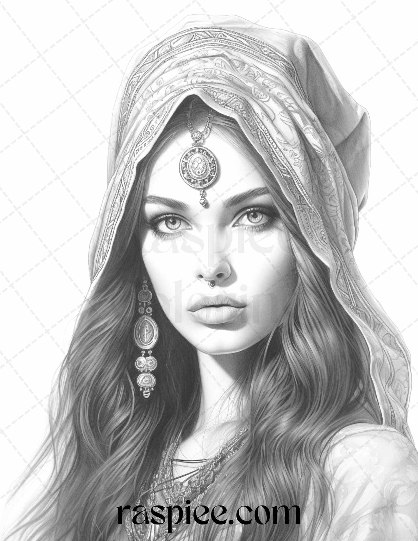 40 Beautiful Gypsy Girls Grayscale Coloring Pages Printable for Adults, PDF File Instant Download