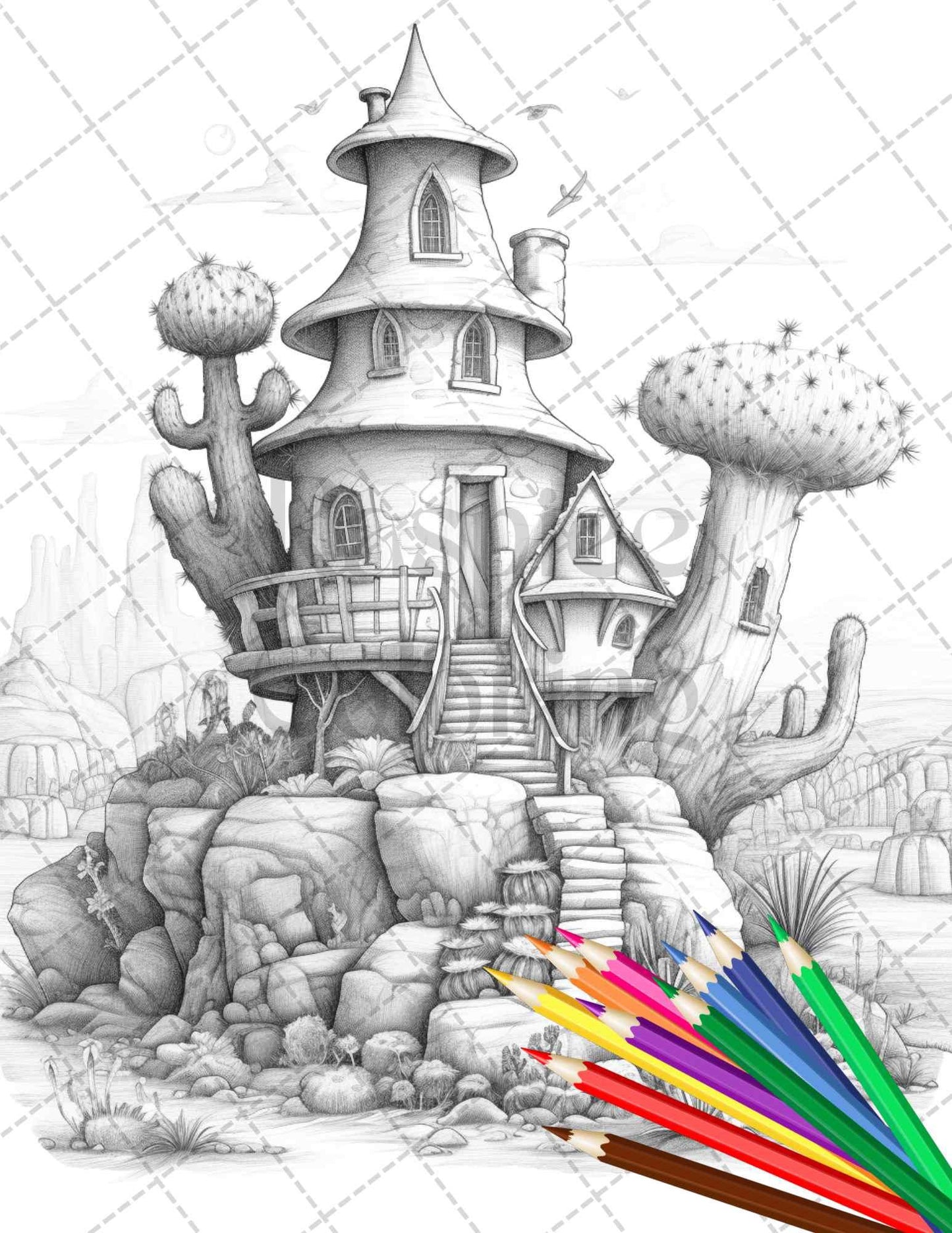 46 Fantasy Cactus Houses Grayscale Coloring Pages Printable for Adults, PDF File Instant Download