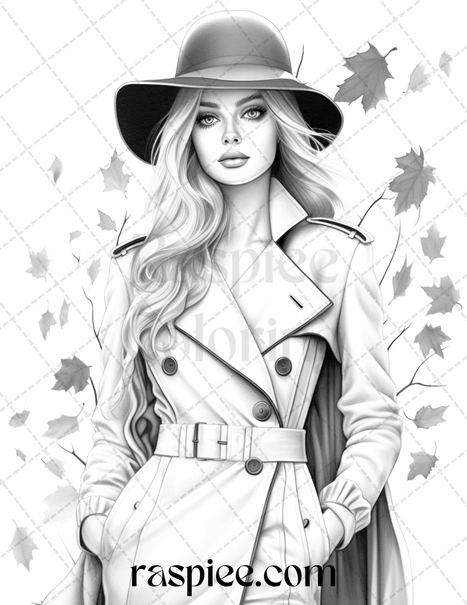 40 Fall Fashion Grayscale Coloring Pages for Adults, Printable PDF File Instant Download