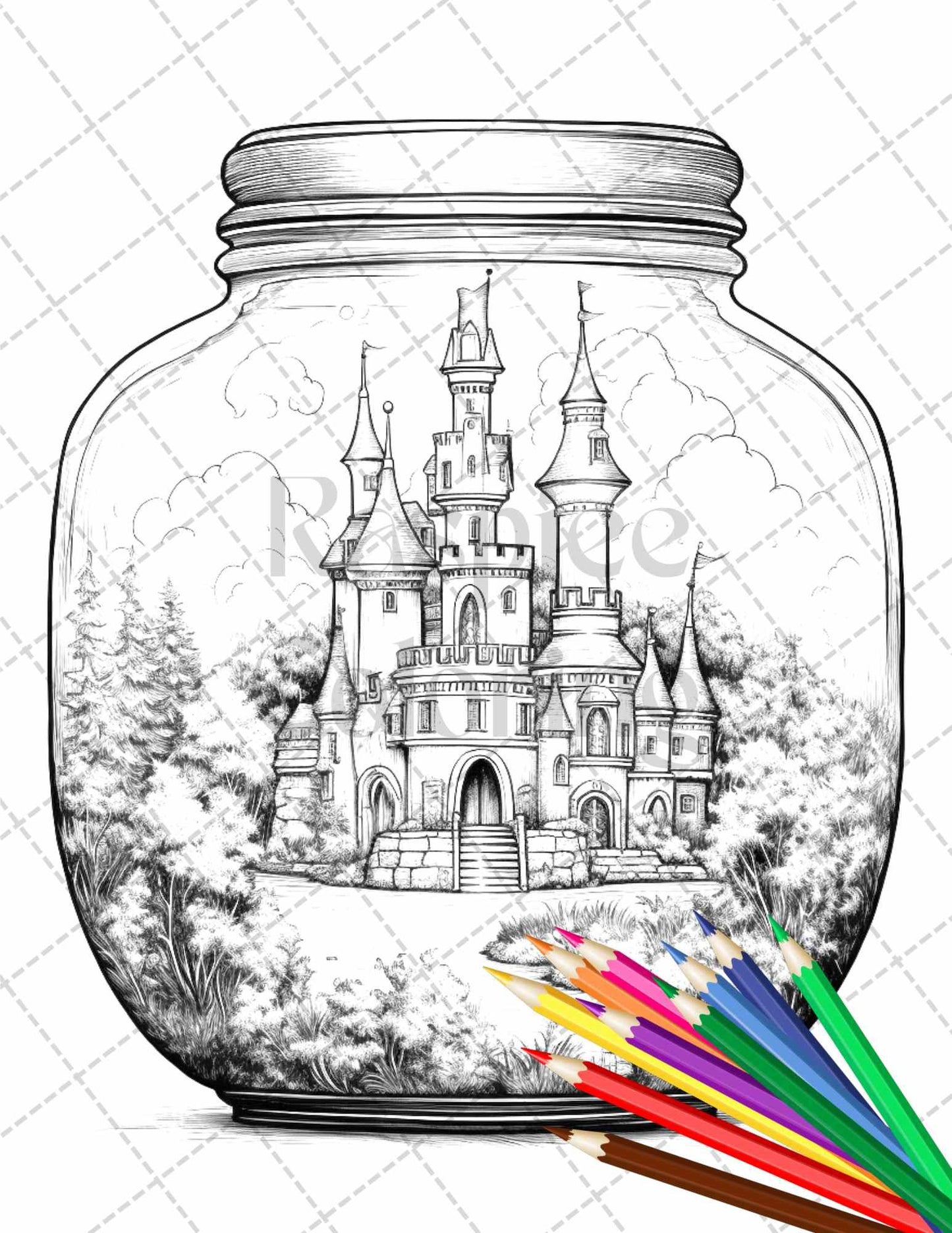 42 Fantasy Castle In Jar Grayscale Coloring Pages Printable for Adults, PDF File Instant Download