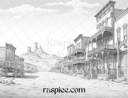 40 Wild West Towns Grayscale Coloring Pages Printable for Adults, PDF File Instant Download