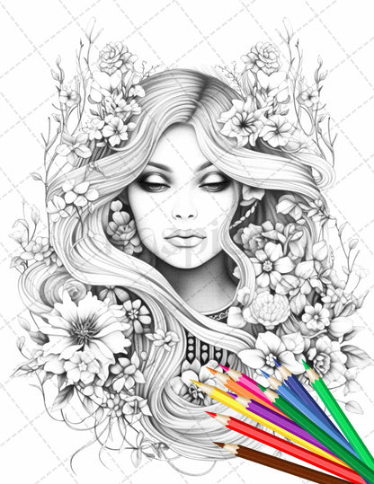 38 Flower Goddess Coloring Pages Printable for Adults, Grayscale Coloring Page, PDF File Instant Download