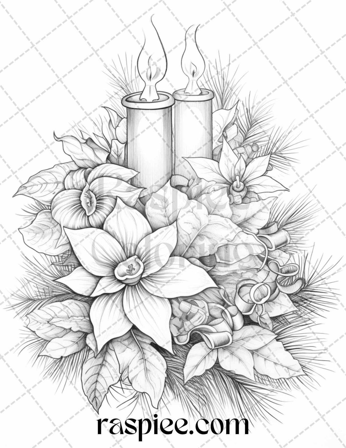 45 Christmas Flowers Grayscale Coloring Pages Printable for Adults, PDF File Instant Download