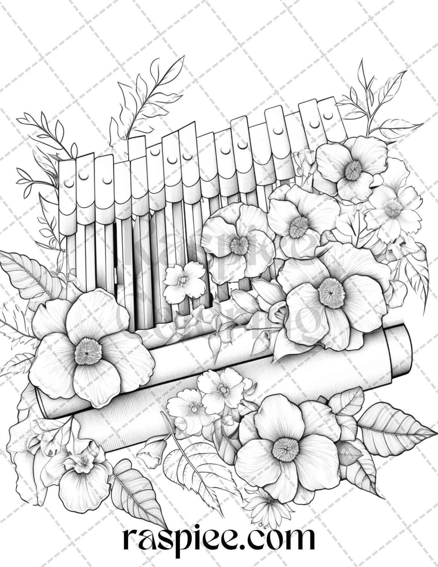 30 Musical Instrument Flower Grayscale Coloring Pages Printable for Adults, PDF File Instant Download