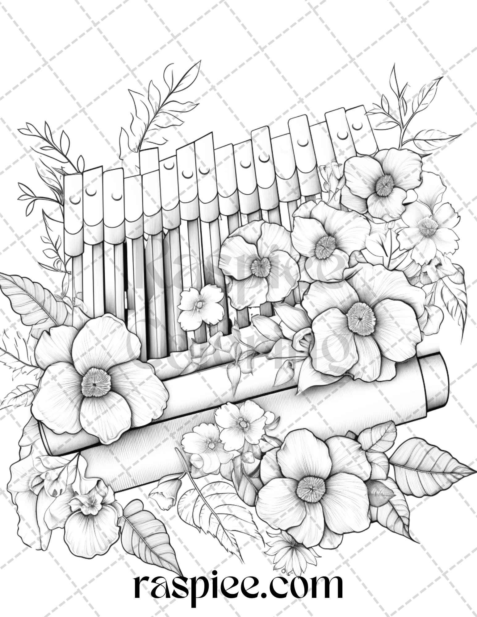 30 Musical Instrument Flower Grayscale Coloring Pages Printable for Adults, PDF File Instant Download