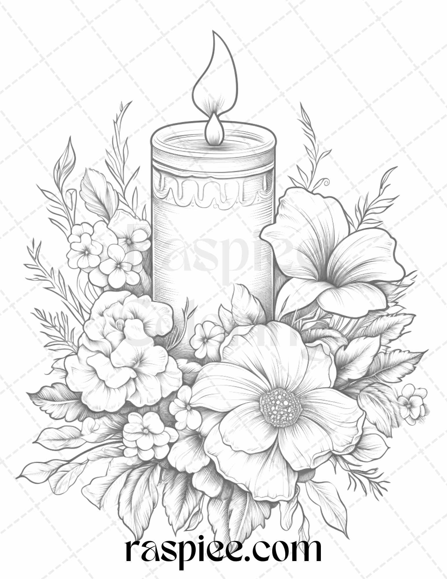 40 Flower Candles Grayscale Coloring Pages Printable for Adults, PDF File Instant Download