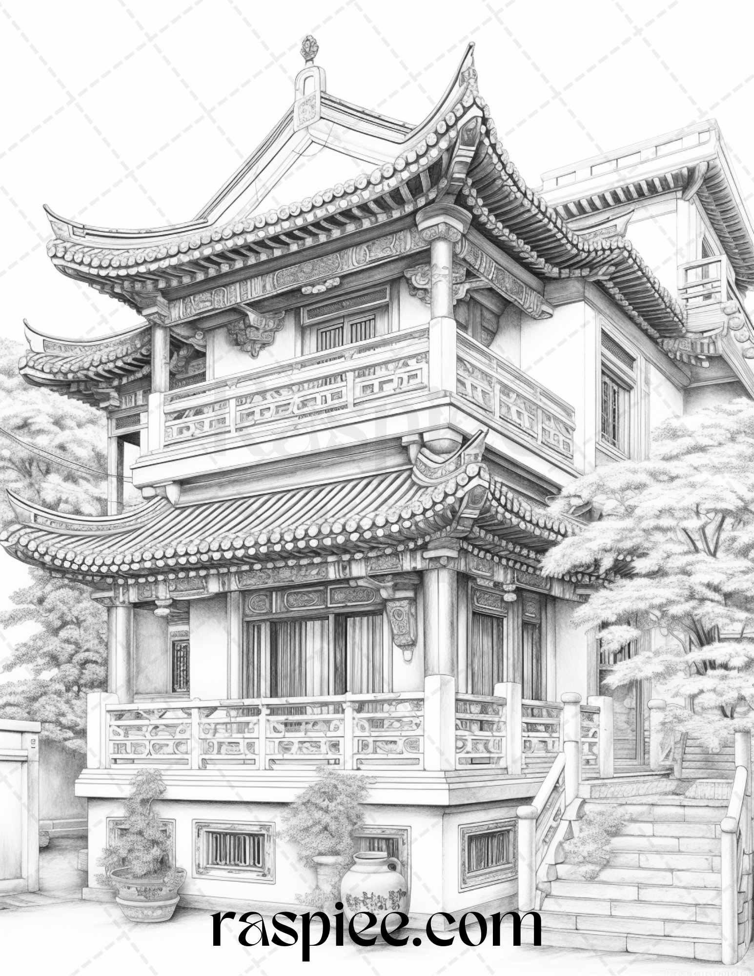 40 Traditional Chinese Houses Grayscale Coloring Pages Printable for Adults, PDF File Instant Download