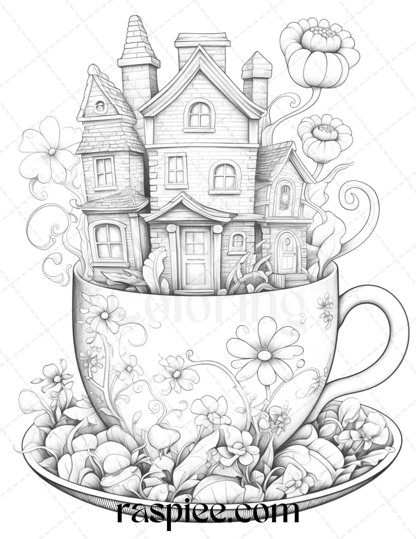 40 Flower Teacup Fairy Houses Grayscale Coloring Pages Printable for Adults, PDF File Instant Download