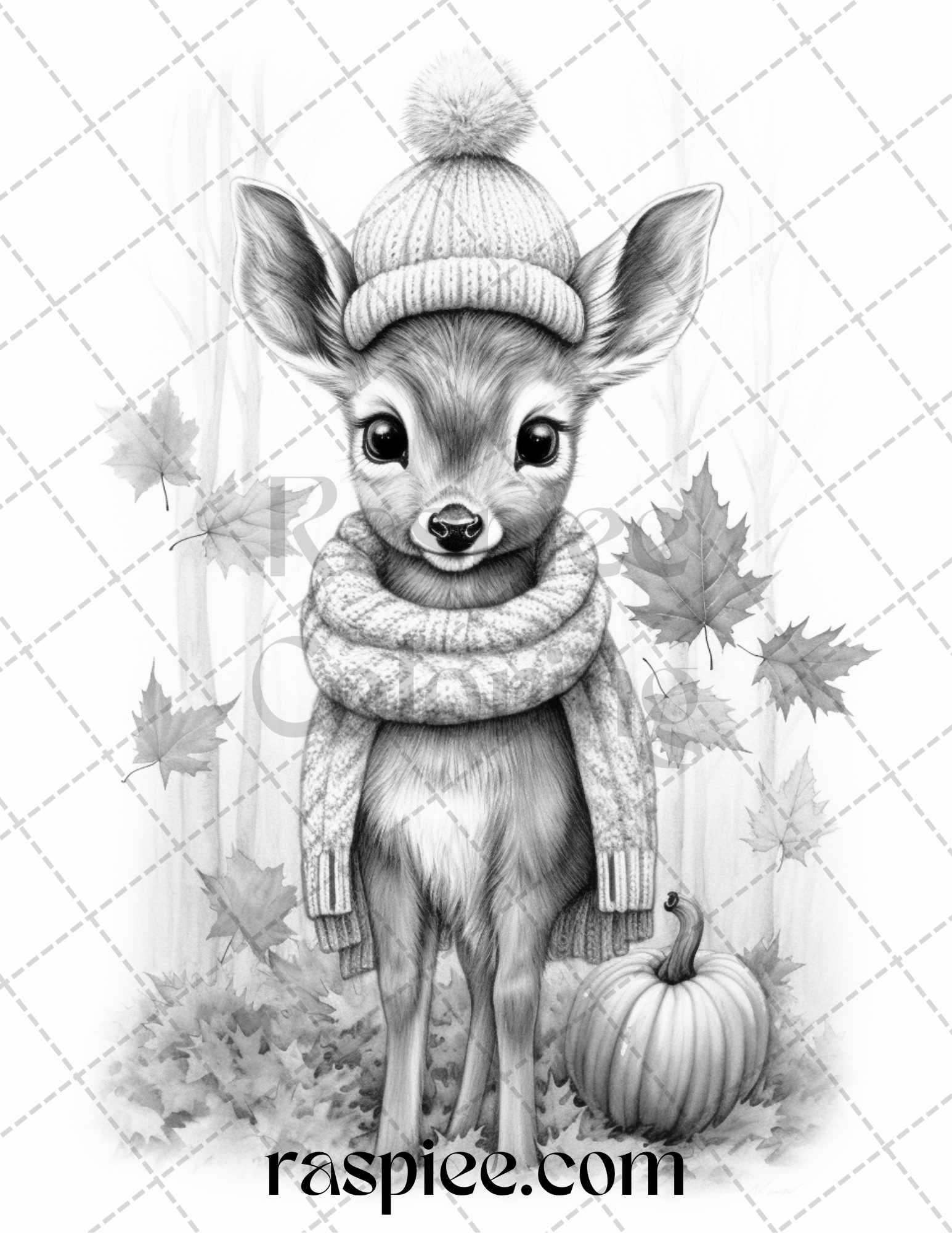 40 Cute Fall Animals Grayscale Coloring Pages Printable for Adults and Kids, PDF File Instant Download