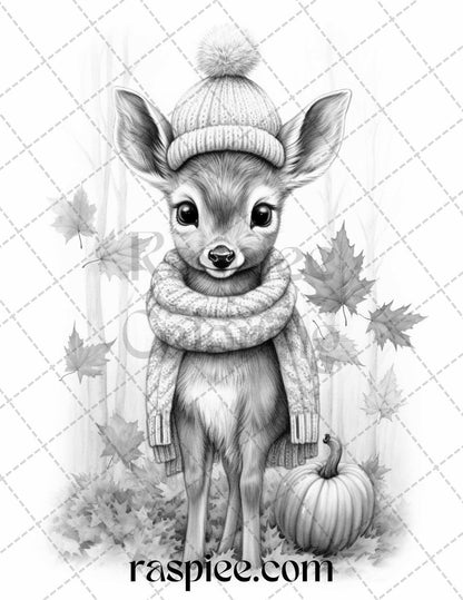 40 Cute Fall Animals Grayscale Coloring Pages Printable for Adults and Kids, PDF File Instant Download