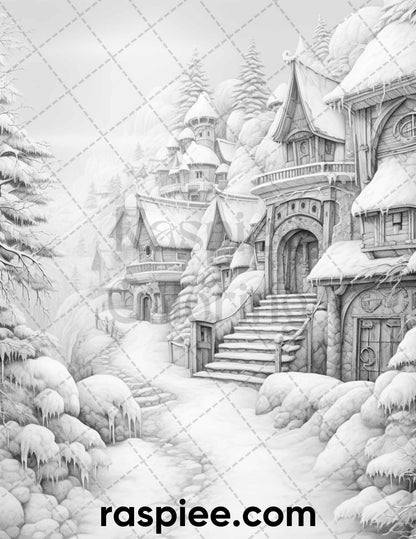 40 Fantasy Winter Village Grayscale Coloring Pages for Adults, PDF File Instant Download