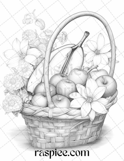 40 Fruit Basket Grayscale Coloring Pages Printable for Adults, PDF File Instant Download