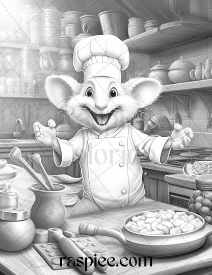 45 Mouse Chef Grayscale Coloring Pages Printable for Adults, PDF File Instant Download