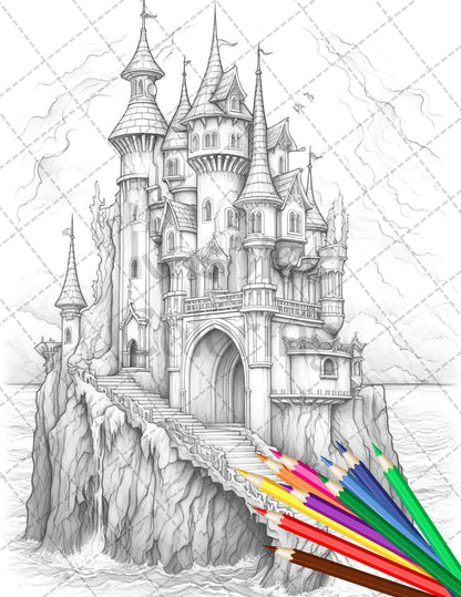 40 Creepy Gothic Houses Grayscale Coloring Pages Printable for Adults, PDF File Instant Download