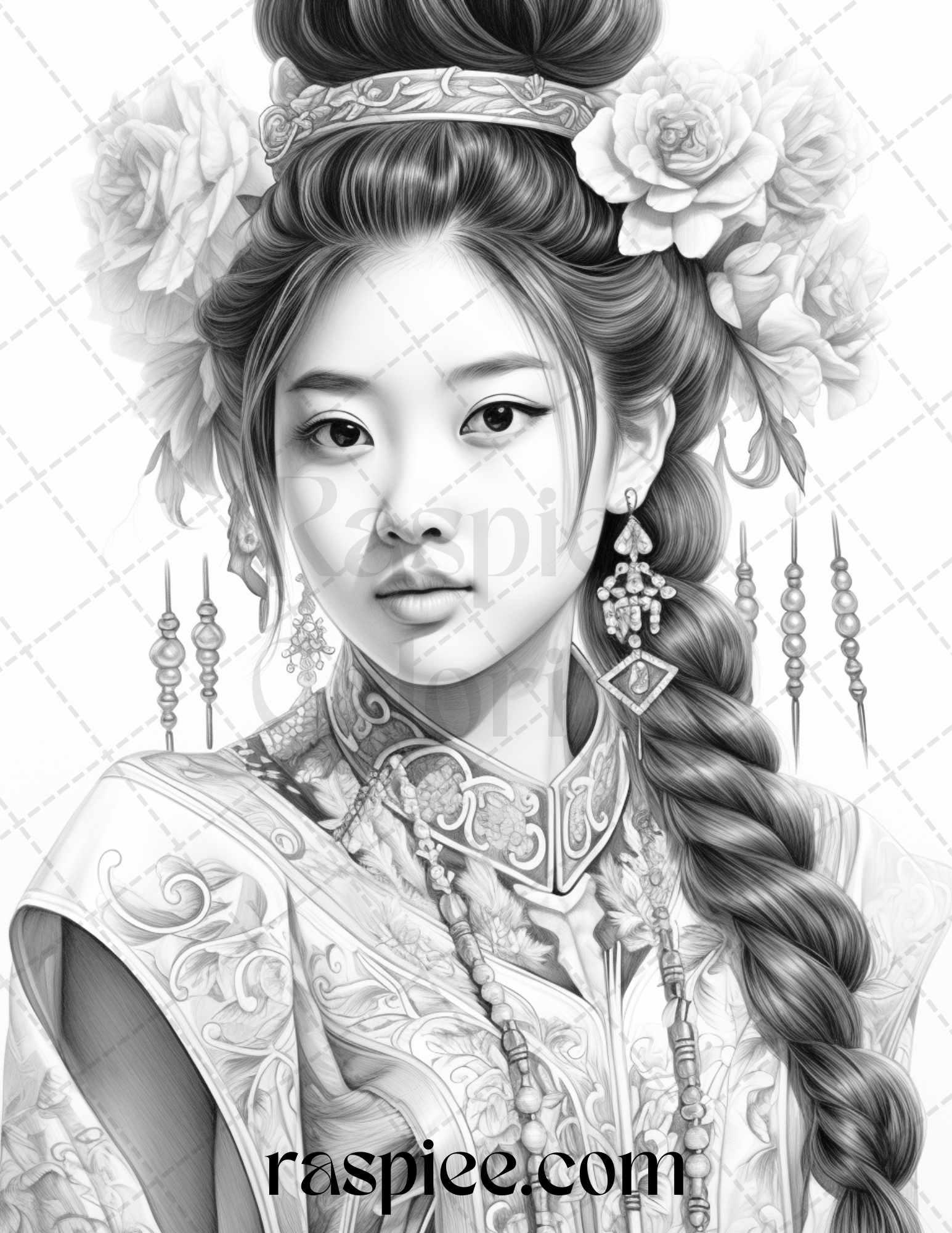 40 Beautiful Chinese Girls Grayscale Coloring Pages for Adults, Printable PDF File Instant Download