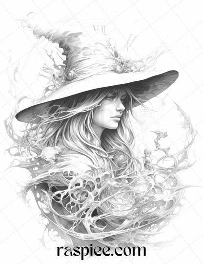 40 Witchy Land Grayscale Coloring Pages Printable for Adults, PDF File Instant Download