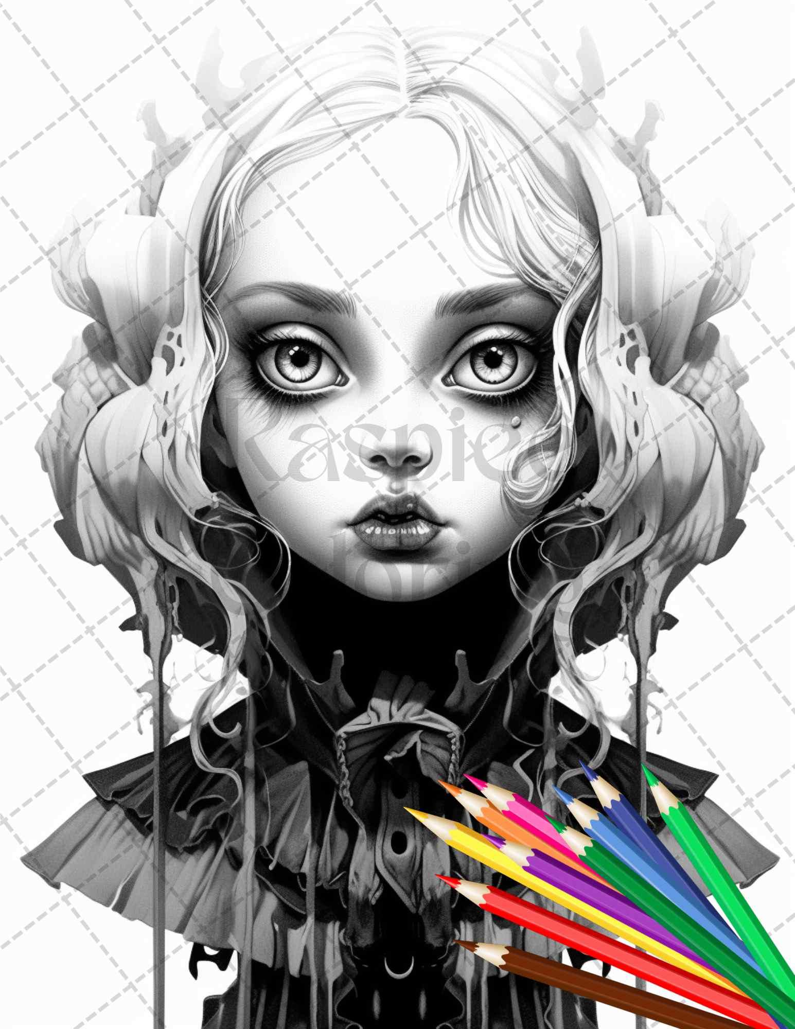 40 Creepy Porcelain Dolls Grayscale Coloring Pages for Adults, PDF File Instant Download