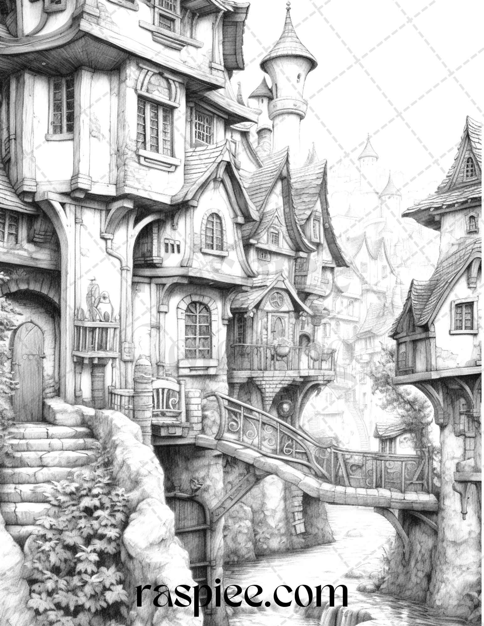 40 Fantasy Village Grayscale Coloring Pages Printable for Adults, PDF File Instant Download