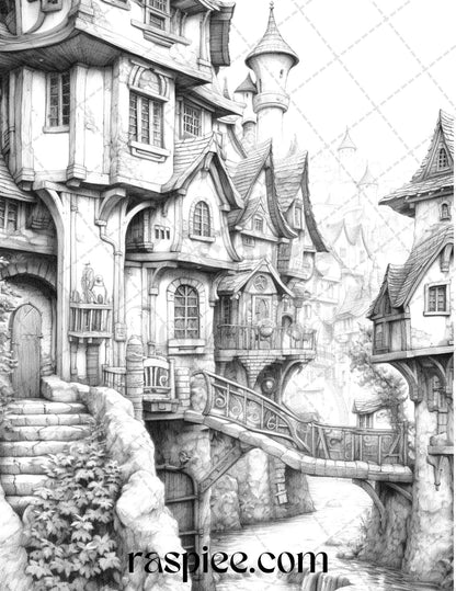 40 Fantasy Village Grayscale Coloring Pages Printable for Adults, PDF File Instant Download