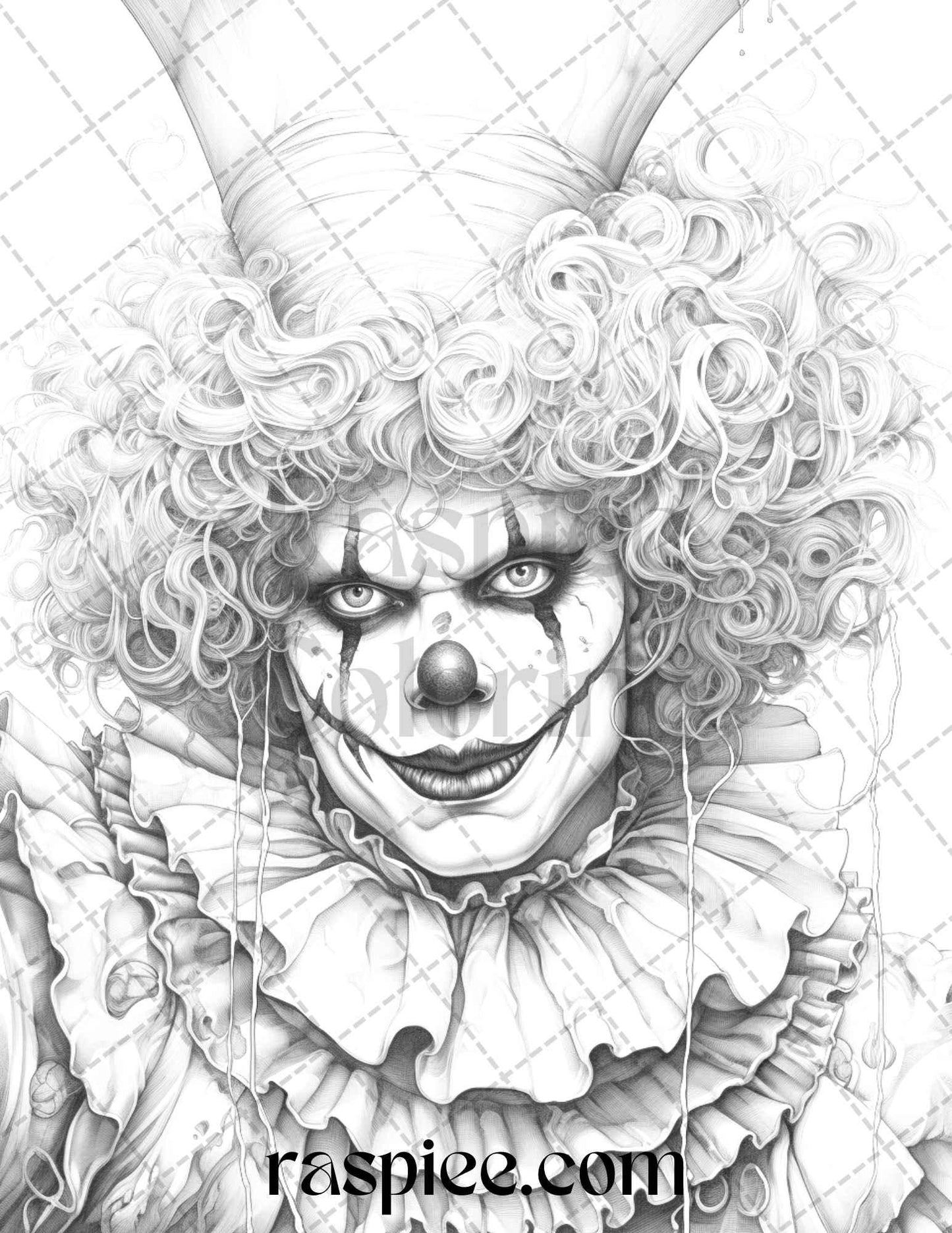 40 Spooky Clowns Grayscale Coloring Pages Printable for Adults, PDF File Instant Download