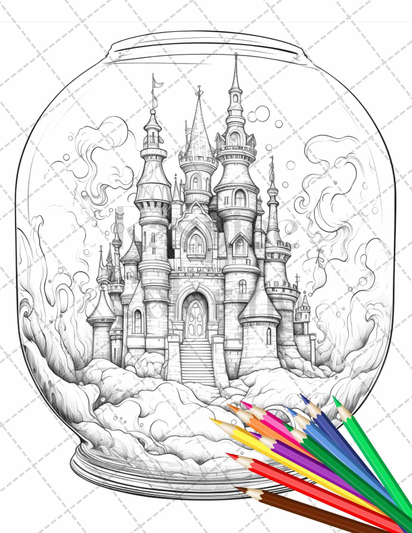 42 Fantasy Castle In Jar Grayscale Coloring Pages Printable for Adults, PDF File Instant Download