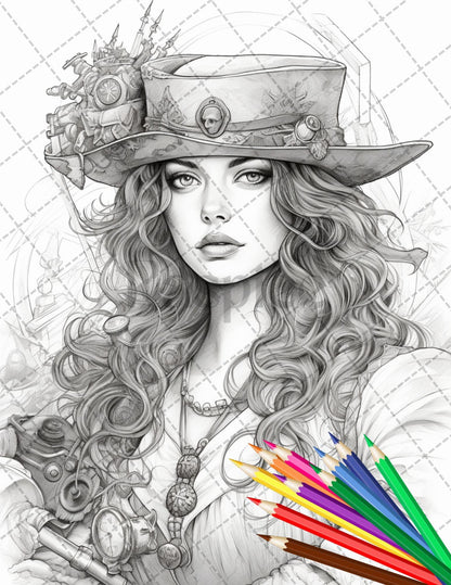 48 Beautiful Pirate Princess Coloring Book Printable for Adults, Grayscale Coloring Page, PDF File Instant Download