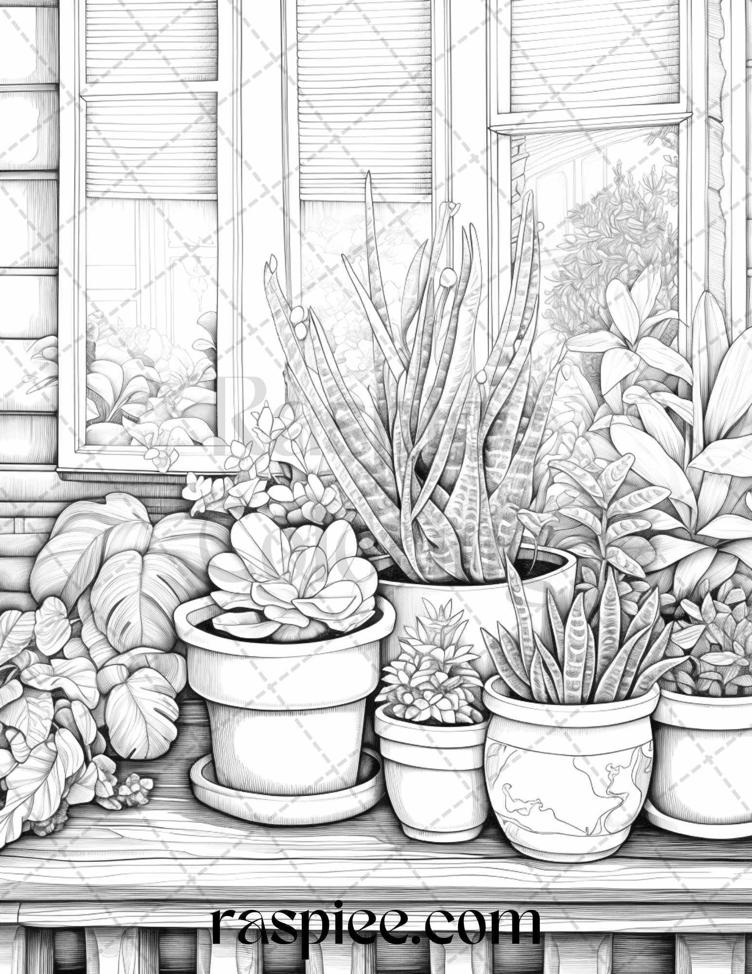 40 Window Plants Grayscale Coloring Pages Printable for Adults, PDF File Instant Download