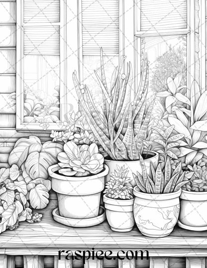 40 Window Plants Grayscale Coloring Pages Printable for Adults, PDF File Instant Download