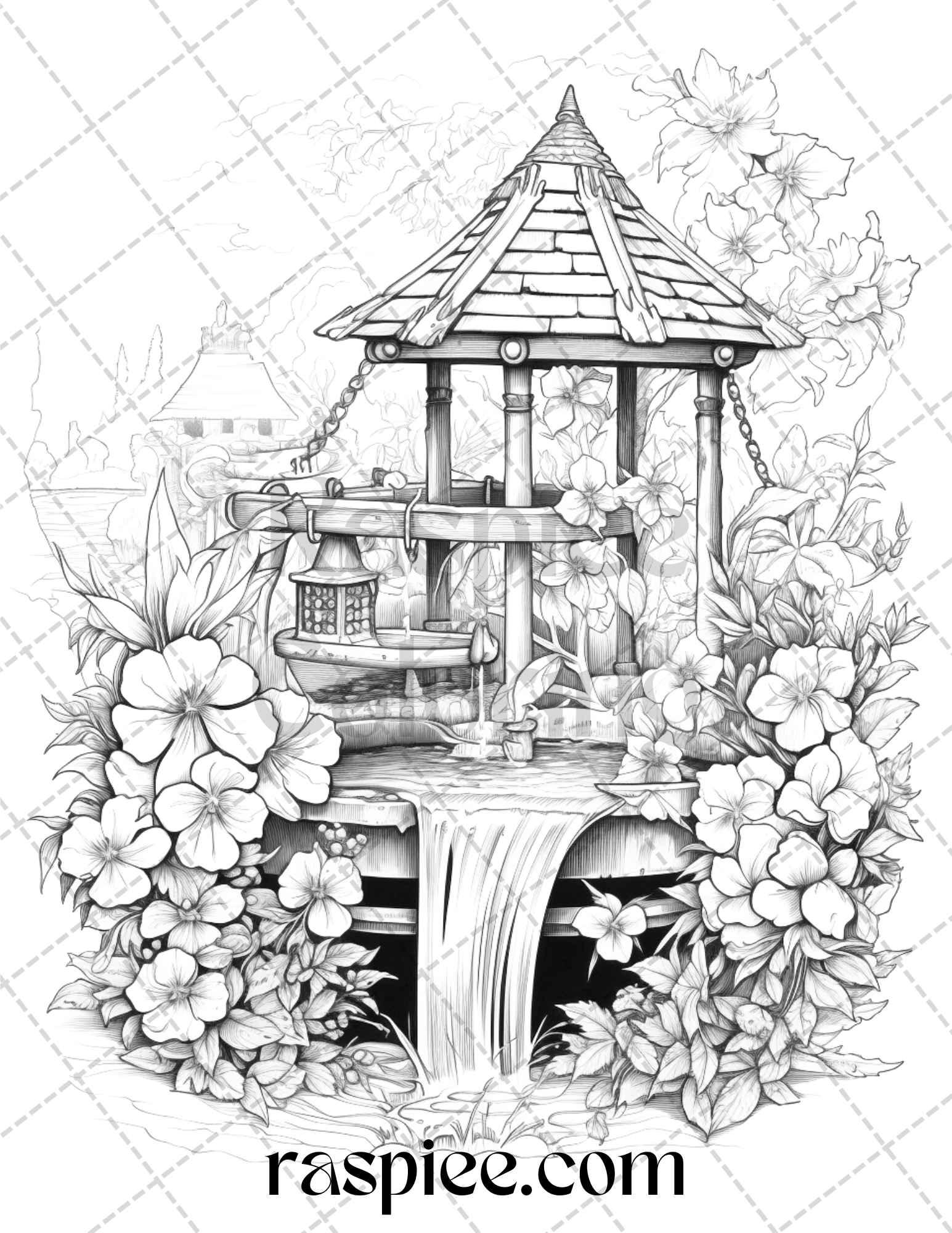 40 Whimsical Wishing Wells Grayscale Coloring Pages Printable for Adults, PDF File Instant Download