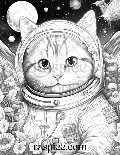 40 Cat Astronaut Grayscale Coloring Pages Printable for Adults Kids, PDF File Instant Download