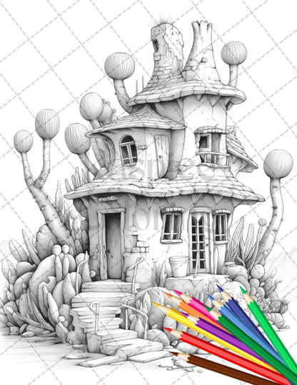 46 Fantasy Cactus Houses Grayscale Coloring Pages Printable for Adults, PDF File Instant Download