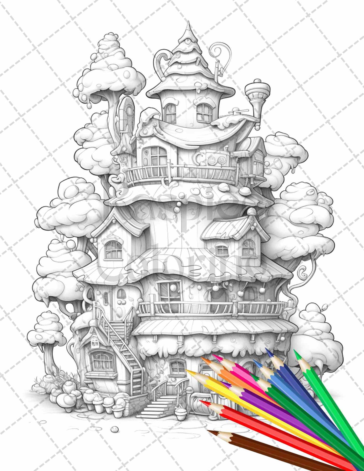 50 Adorable Cake Houses Grayscale Coloring Pages Printable for Adults and Kids, PDF File Instant Download