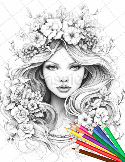 38 Flower Goddess Coloring Pages Printable for Adults, Grayscale Coloring Page, PDF File Instant Download