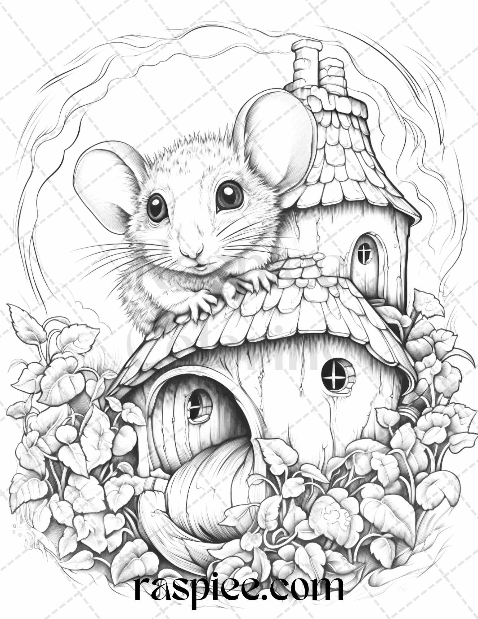 40 Magical Mouse Houses Grayscale Coloring Pages Printable for Adults, PDF File Instant Download