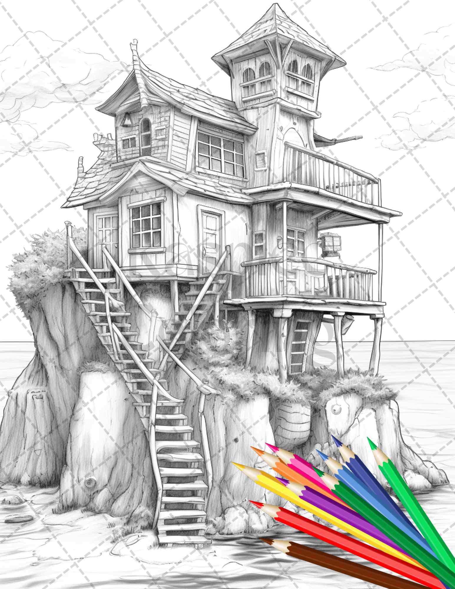 42 Wooden Beach Houses Grayscale Coloring Pages Printable for Adults, PDF File Instant Download