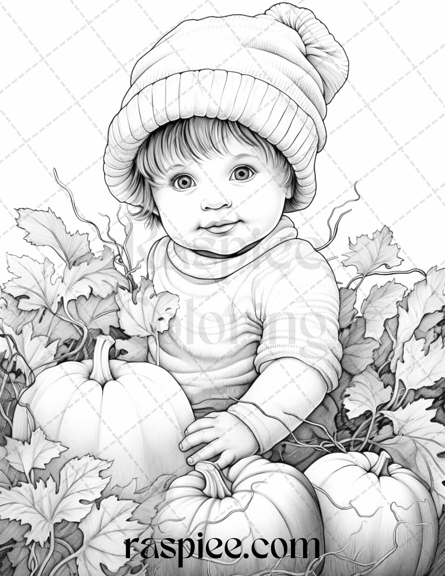 40 Pumpkin Babies Grayscale Coloring Pages for Adults and Kids, Printable PDF File Instant Download