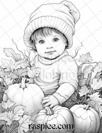 40 Pumpkin Babies Grayscale Coloring Pages for Adults and Kids, Printable PDF File Instant Download